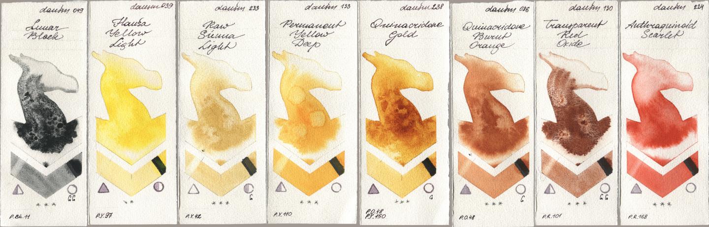 Daniel Smith 049 Lunar Black, 039 Hansa Yellow Light, 233 Raw Sienna Light, 133 Permanent Yellow Deep, 238 Quinacridone Gold, 086 Quinacridone Burnt Orange, 130 Transparent Red Oxide, 224 Anthraquinoid Scarl watercolor swatch
