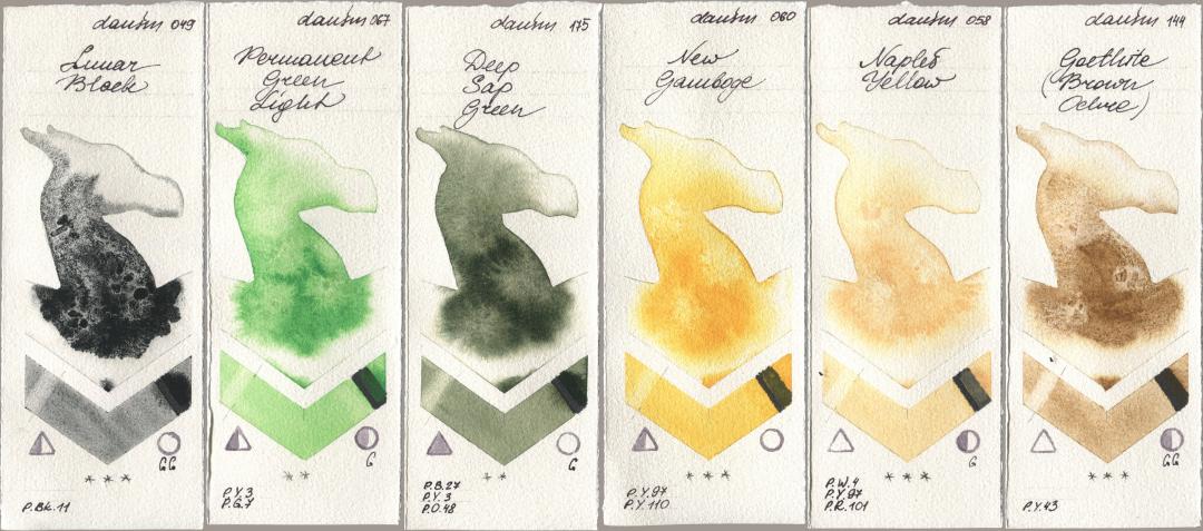 Daniel Smith 049 Lunar Black, 067 Permanent Green Light, 175 Deep Sap Green, 060 New Gamboge, 058 Naples Yellow, 144 Goethite (Brown Ochr watercolor swatch