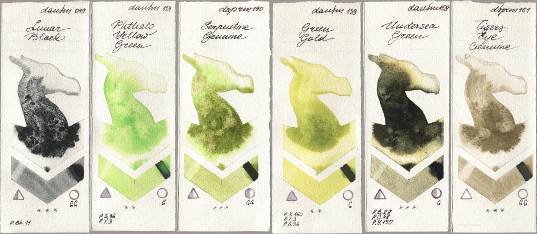 Daniel Smith 049 Lunar Black, 124 Phthalo Yellow Green, 190 Serpentine Genuine, 139 Green Gold, 109 Undersea Green, 161 Tigers Eye Genui watercolor swatch