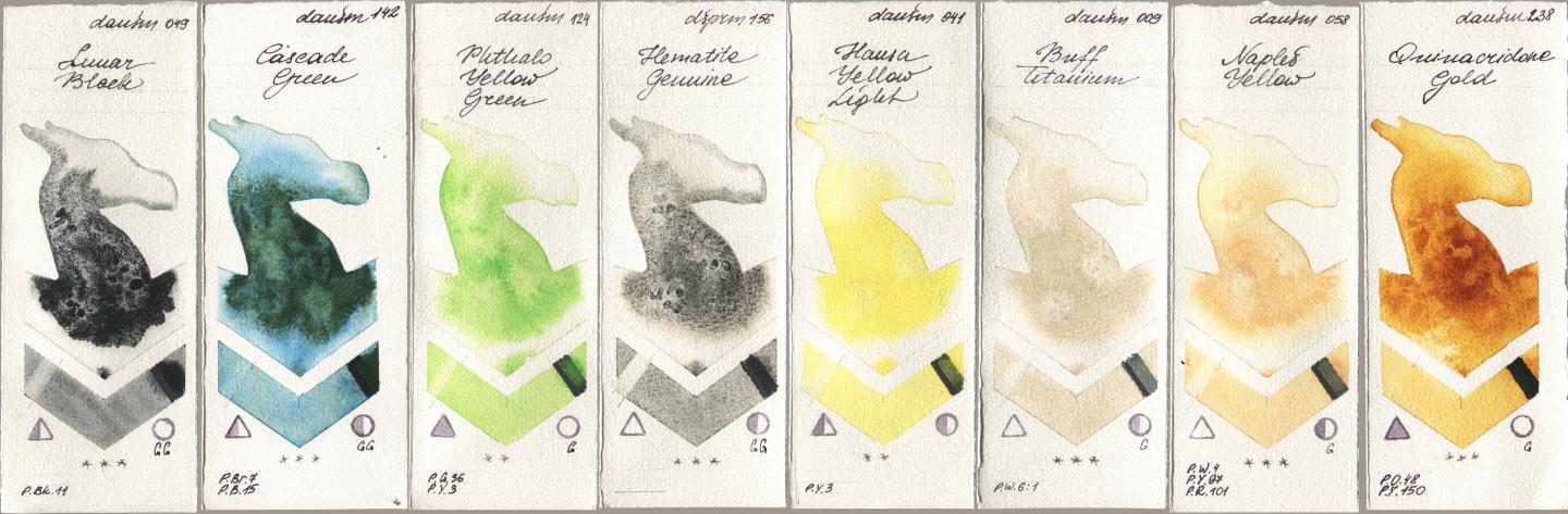 Daniel Smith 049 Lunar Black, 142 Cascade Green, 124 Phthalo Yellow Green, 156 Hematite Genuine, 041 Hansa Yellow Light, 009 Buff Titanium, 058 Naples Yellow, 238 Quinacridone Go watercolor swatch