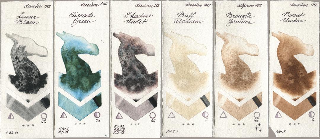 Daniel Smith 049 Lunar Black, 142 Cascade Green, 188 Shadow Violet, 009 Buff Titanium, 199 Bronzite Genuine, 011 Burnt Umb watercolor swatch