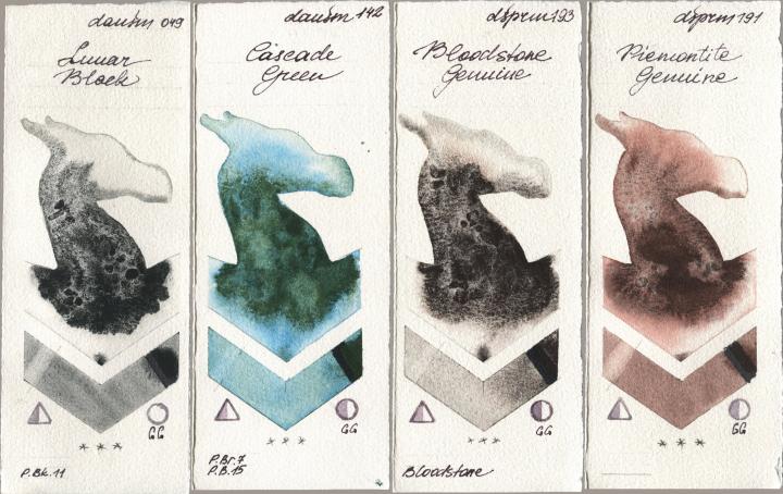 Daniel Smith 049 Lunar Black, 142 Cascade Green, 193 Bloodstone Genuine, 191 Piemontite Genui watercolor swatch