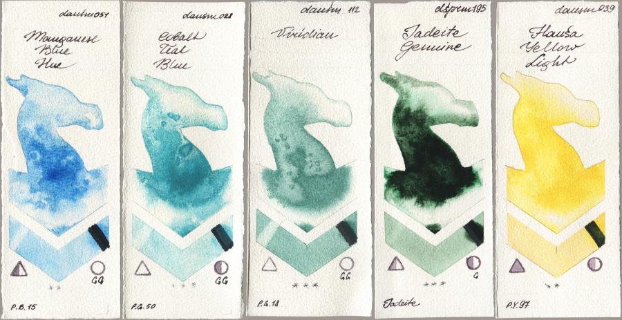 Daniel Smith 051 Manganese Blue Hue, 028 Cobalt Teal Blue, 112 Viridian, 195 Jadeite Genuine, 039 Hansa Yellow Lig watercolor swatch