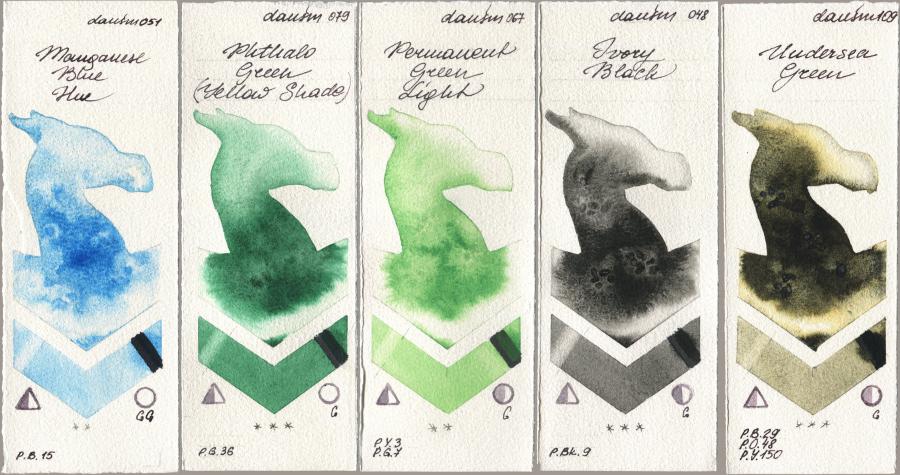 Daniel Smith 051 Manganese Blue Hue, 079 Phthalo Green (Yellow Shade), 067 Permanent Green Light, 048 Ivory Black, 109 Undersea Gre watercolor swatch