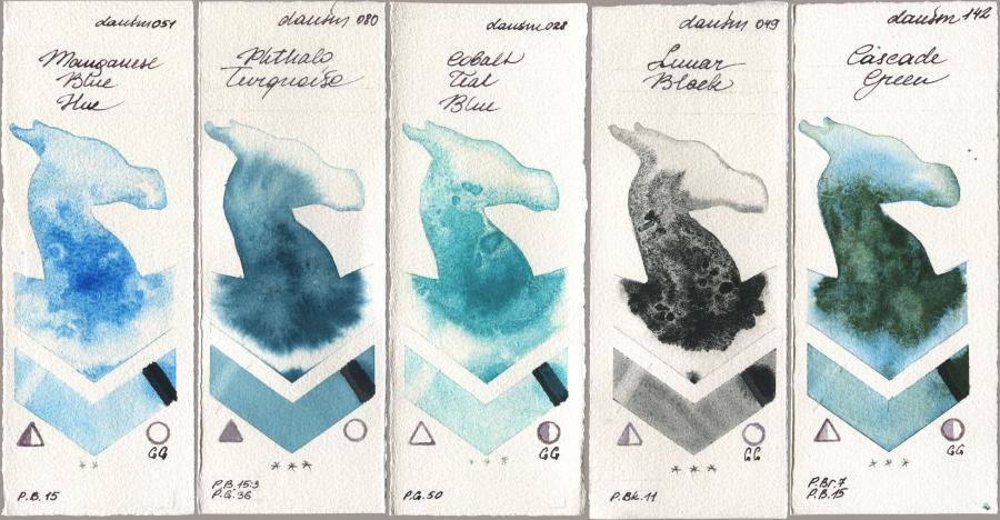 Daniel Smith 051 Manganese Blue Hue, 080 Phthalo Turquoise, 028 Cobalt Teal Blue, 049 Lunar Black, 142 Cascade Gre watercolor swatch