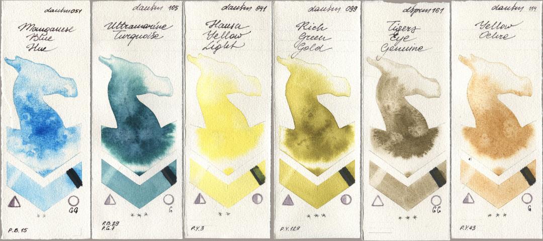 Daniel Smith 051 Manganese Blue Hue, 105 Ultramarine Turquoise, 041 Hansa Yellow Light, 099 Rich Green Gold, 161 Tigers Eye Genuine, 114 Yellow Och watercolor swatch
