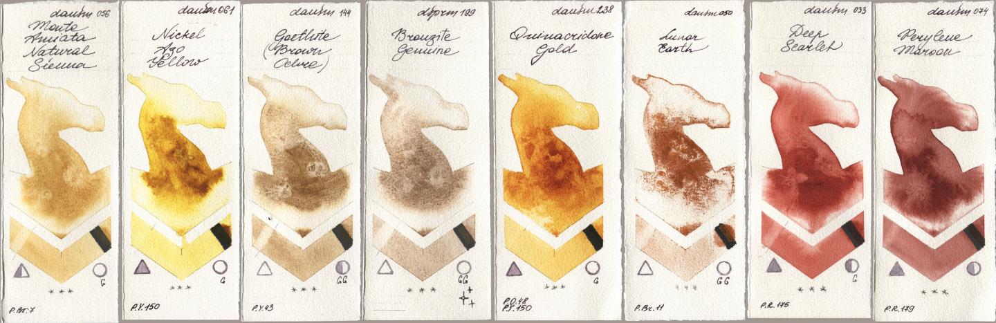 Daniel Smith 056 Monte Amiata Natural Sienna, 061 Nickel Azo Yellow, 144 Goethite (Brown Ochre), 199 Bronzite Genuine, 238 Quinacridone Gold, 050 Lunar Earth, 033 Deep Scarlet, 074 Perylene Maro watercolor swatch