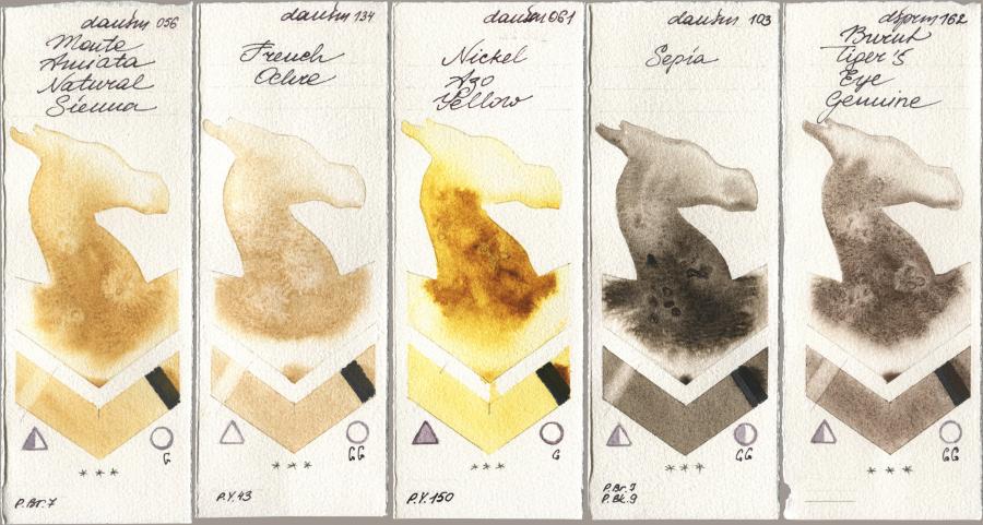 Daniel Smith 056 Monte Amiata Natural Sienna, 134 French Ochre, 061 Nickel Azo Yellow, 103 Sepia, 162 Burnt Tigers Eye Genui watercolor swatch