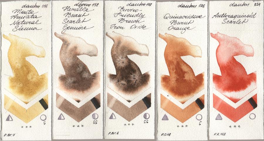 Daniel Smith 056 Monte Amiata Natural Sienna, 158 Hematite Burnt Scarlet Genuine, 178 Enviro-Friendly Brown Iron Oxide, 086 Quinacridone Burnt Orange, 224 Anthraquinoid Scarl watercolor swatch
