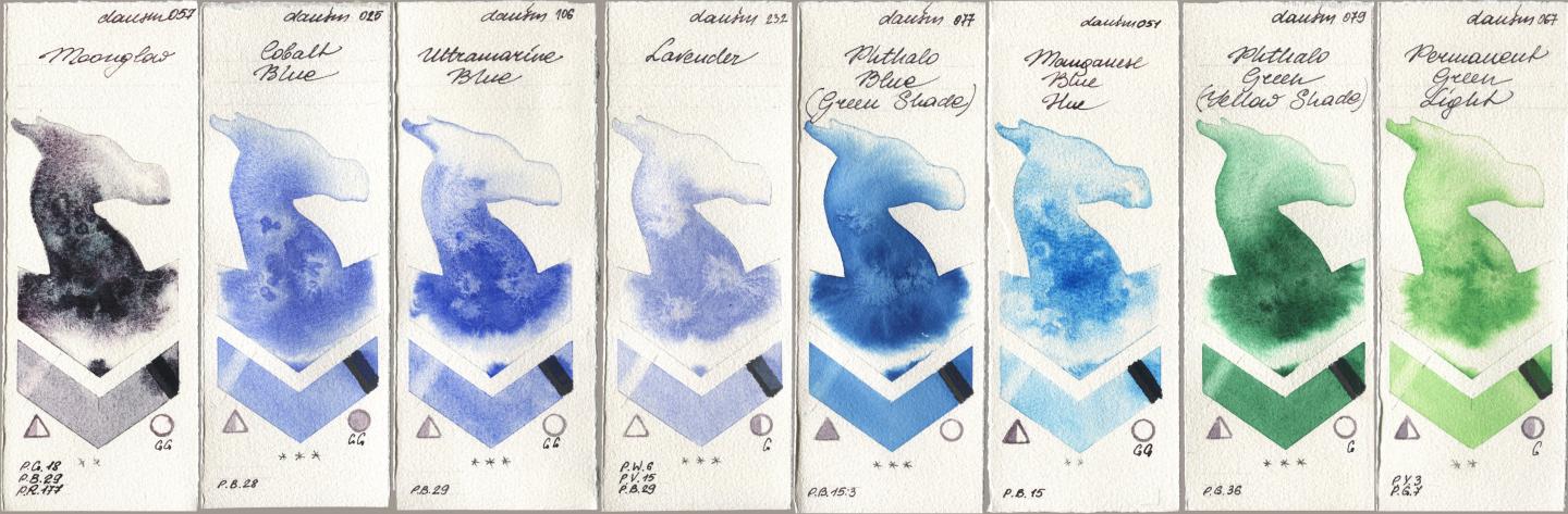 Daniel Smith 057 Moonglow, 025 Cobalt Blue, 106 Ultramarine Blue, 232 Lavender, 077 Phthalo Blue (Green Shade), 051 Manganese Blue Hue, 079 Phthalo Green (Yellow Shade), 067 Permanent Green Lig watercolor swatch