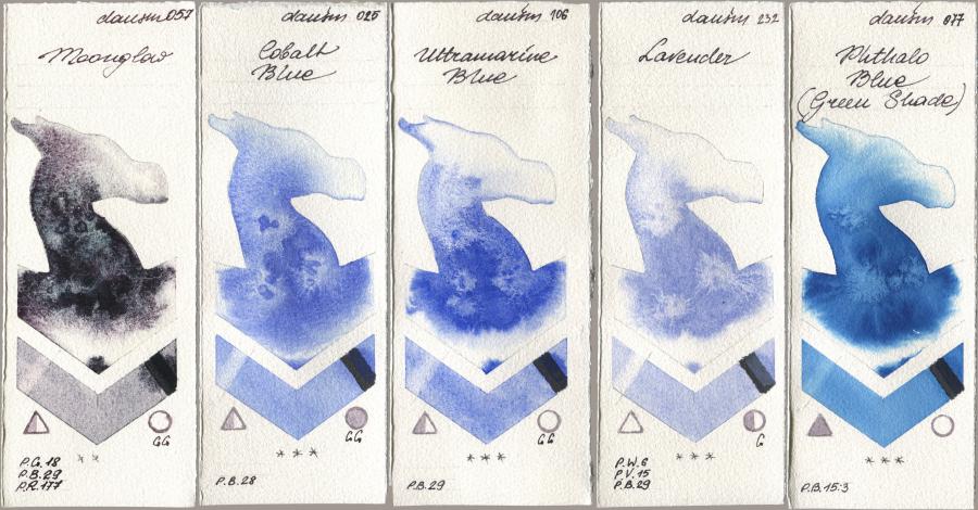 Daniel Smith 057 Moonglow, 025 Cobalt Blue, 106 Ultramarine Blue, 232 Lavender, 077 Phthalo Blue (Green Shad watercolor swatch