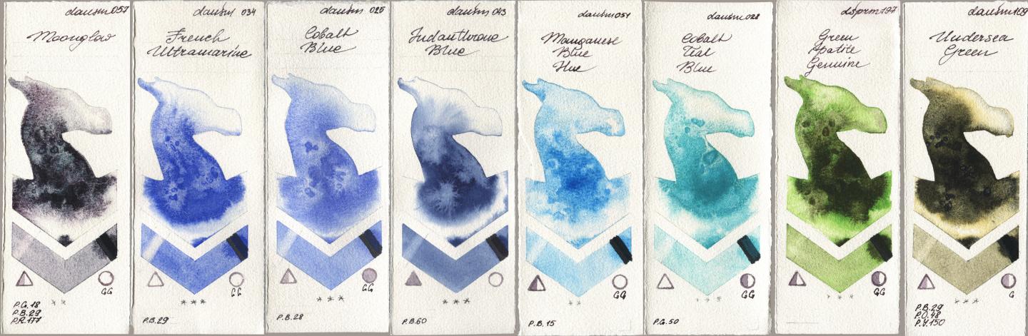 Daniel Smith 057 Moonglow, 034 French Ultramarine, 025 Cobalt Blue, 043 Indanthrone Blue, 051 Manganese Blue Hue, 028 Cobalt Teal Blue, 197 Green Apatite Genuine, 109 Undersea Gre watercolor swatch