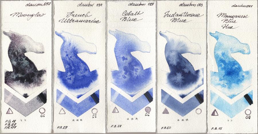 Daniel Smith 057 Moonglow, 034 French Ultramarine, 025 Cobalt Blue, 043 Indanthrone Blue, 051 Manganese Blue H watercolor swatch