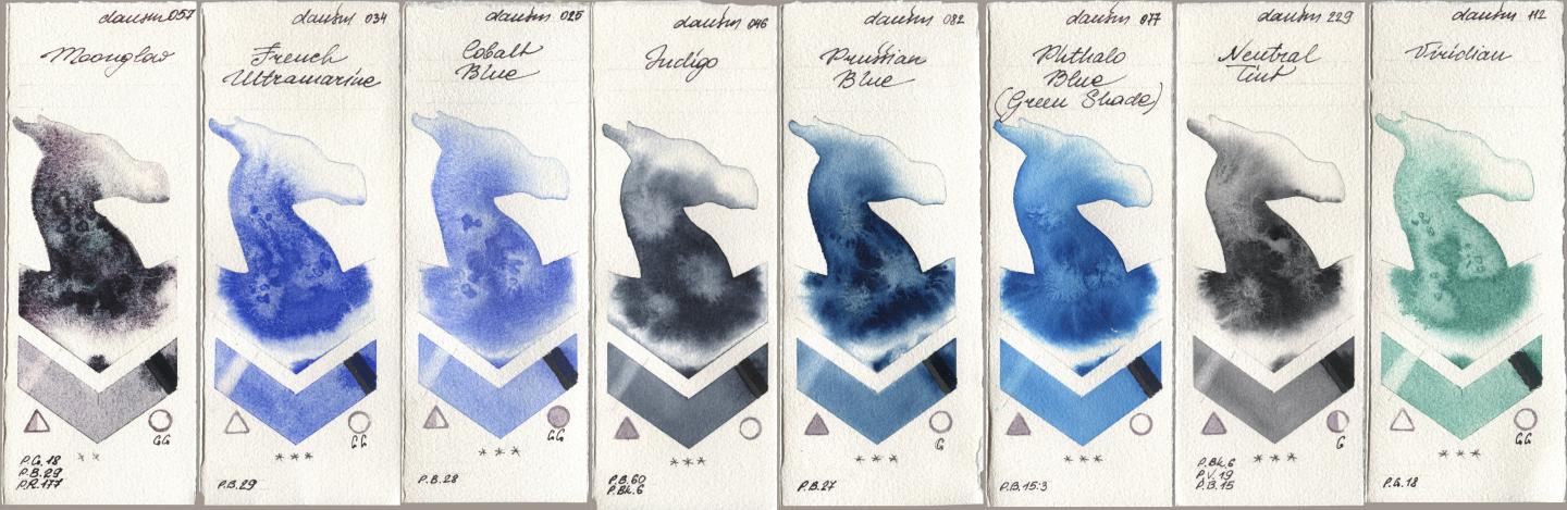 Daniel Smith 057 Moonglow, 034 French Ultramarine, 025 Cobalt Blue, 046 Indigo, 082 Prussian Blue, 077 Phthalo Blue (Green Shade), 229 Neutral Tint, 112 Viridi watercolor swatch