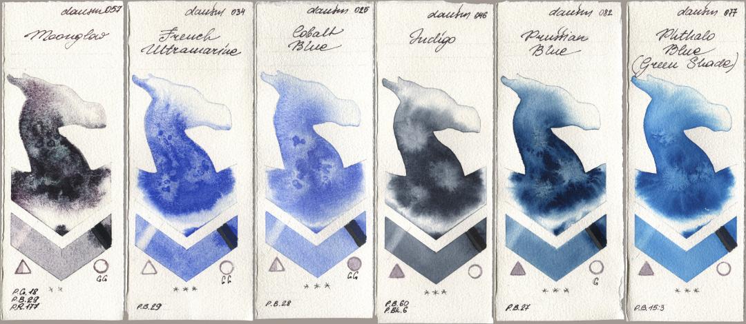 Daniel Smith 057 Moonglow, 034 French Ultramarine, 025 Cobalt Blue, 046 Indigo, 082 Prussian Blue, 077 Phthalo Blue (Green Shad watercolor swatch