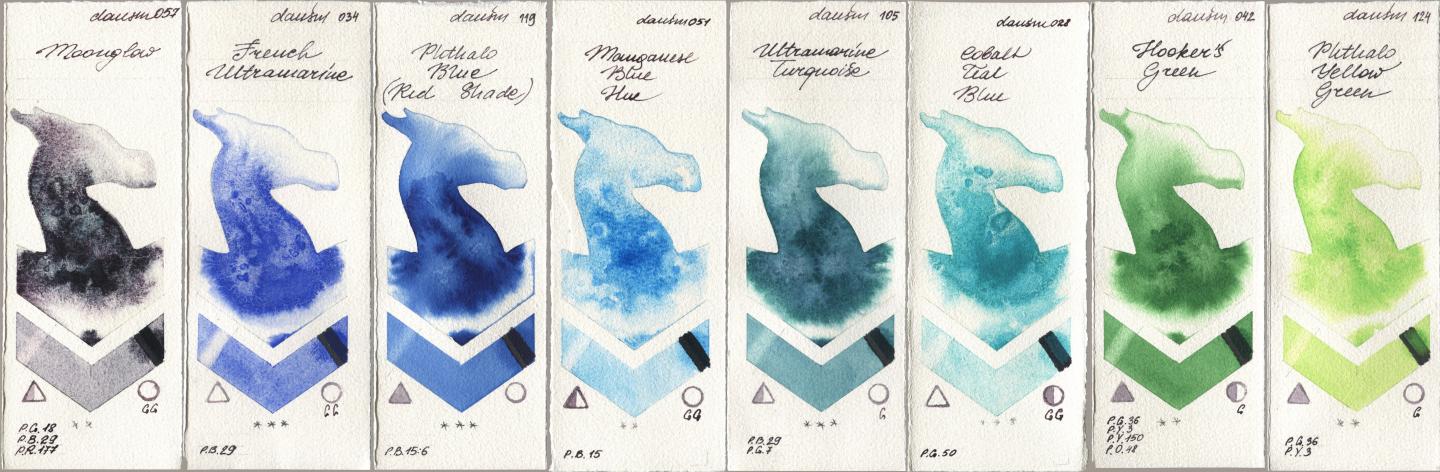 Daniel Smith 057 Moonglow, 034 French Ultramarine, 119 Phthalo Blue (Red Shade), 051 Manganese Blue Hue, 105 Ultramarine Turquoise, 028 Cobalt Teal Blue, 042 Hookers Green, 124 Phthalo Yellow Gre watercolor swatch