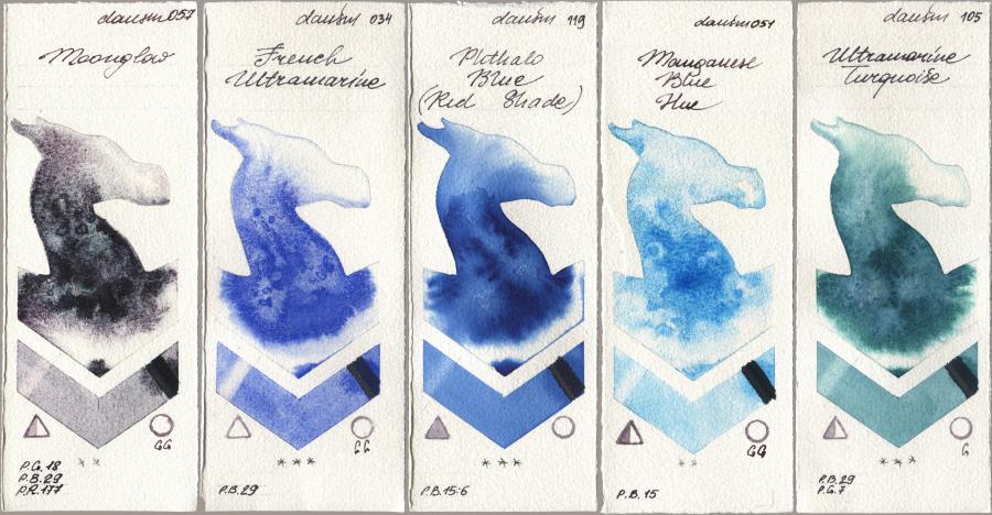 Daniel Smith 057 Moonglow, 034 French Ultramarine, 119 Phthalo Blue (Red Shade), 051 Manganese Blue Hue, 105 Ultramarine Turquoi watercolor swatch