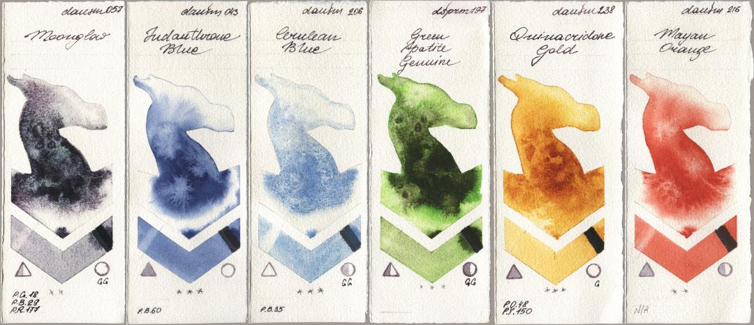 Daniel Smith 057 Moonglow, 043 Indanthrone Blue, 206 Cerulean Blue, 197 Green Apatite Genuine, 238 Quinacridone Gold, 216 Mayan Oran watercolor swatch