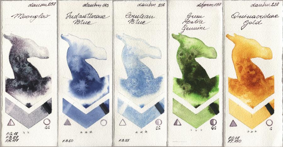 Daniel Smith 057 Moonglow, 043 Indanthrone Blue, 206 Cerulean Blue, 197 Green Apatite Genuine, 238 Quinacridone Go watercolor swatch