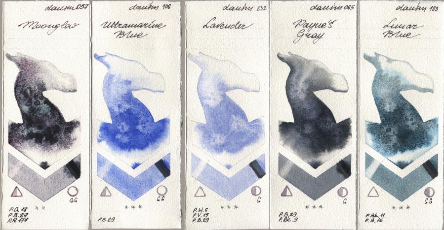Daniel Smith 057 Moonglow, 106 Ultramarine Blue, 232 Lavender, 065 Paynes Gray, 183 Lunar Bl watercolor swatch