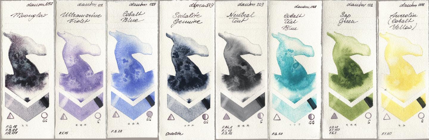 Daniel Smith 057 Moonglow, 108 Ultramarine Violet, 025 Cobalt Blue, 179 Sodalite Genuine, 229 Neutral Tint, 028 Cobalt Teal Blue, 102 Sap Green, 006 Aureolin (Cobalt Yello watercolor swatch