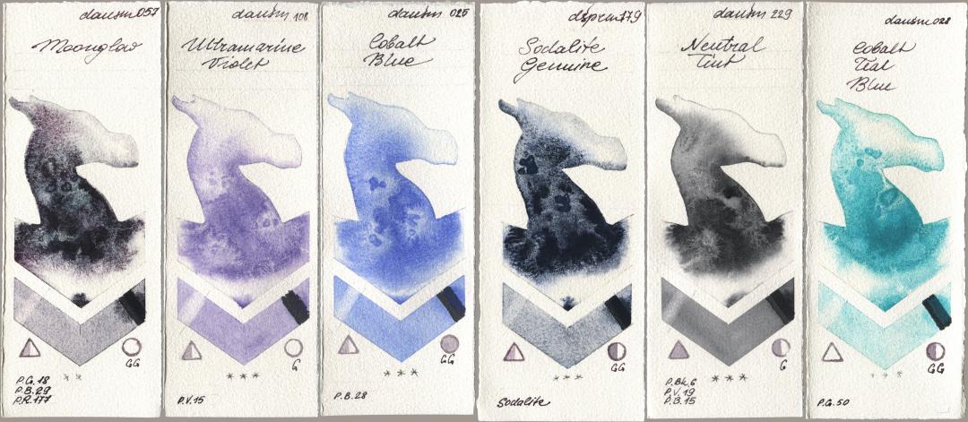 Daniel Smith 057 Moonglow, 108 Ultramarine Violet, 025 Cobalt Blue, 179 Sodalite Genuine, 229 Neutral Tint, 028 Cobalt Teal Bl watercolor swatch