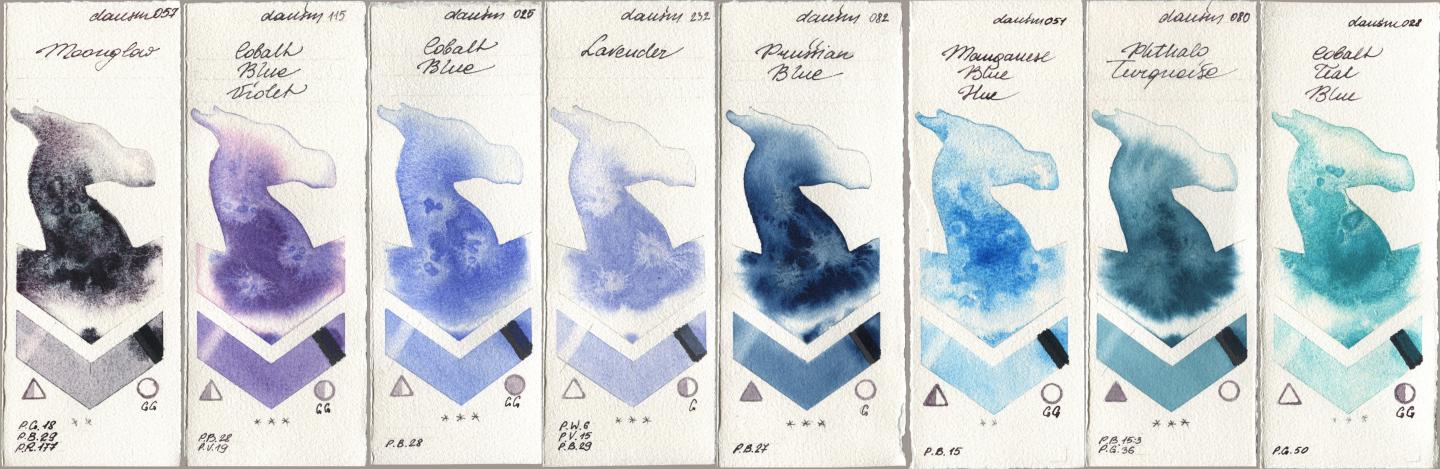 Daniel Smith 057 Moonglow, 115 Cobalt Blue Violet, 025 Cobalt Blue, 232 Lavender, 082 Prussian Blue, 051 Manganese Blue Hue, 080 Phthalo Turquoise, 028 Cobalt Teal Bl watercolor swatch