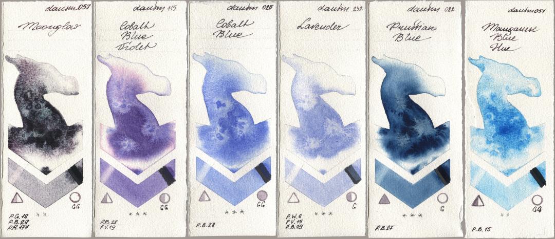 Daniel Smith 057 Moonglow, 115 Cobalt Blue Violet, 025 Cobalt Blue, 232 Lavender, 082 Prussian Blue, 051 Manganese Blue H watercolor swatch