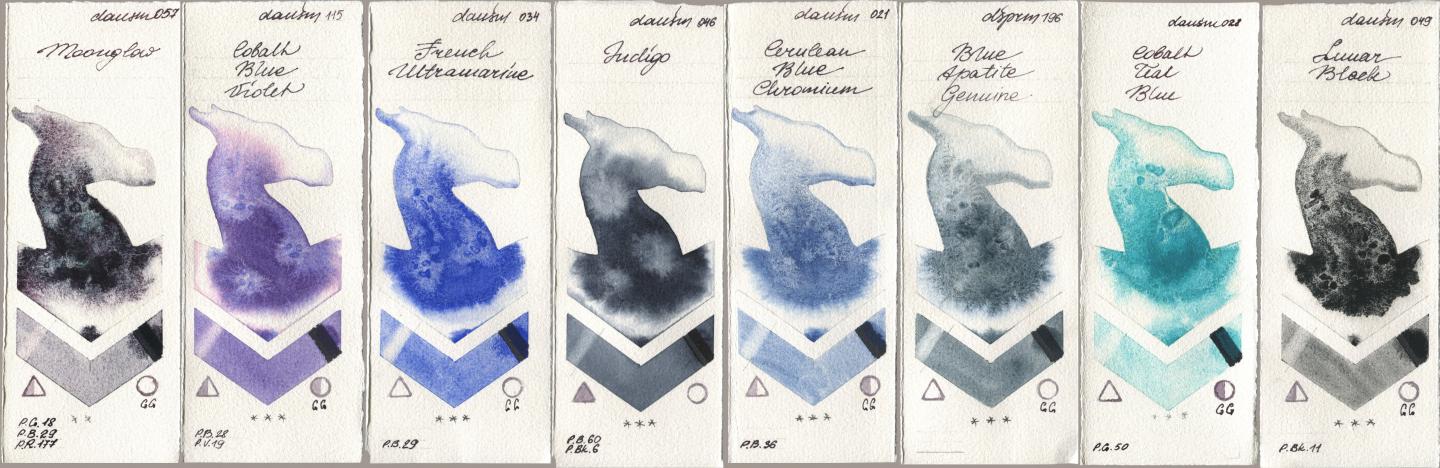 Daniel Smith 057 Moonglow, 115 Cobalt Blue Violet, 034 French Ultramarine, 046 Indigo, 021 Cerulean Blue Chromium, 196 Blue Apatite Genuine, 028 Cobalt Teal Blue, 049 Lunar Bla watercolor swatch