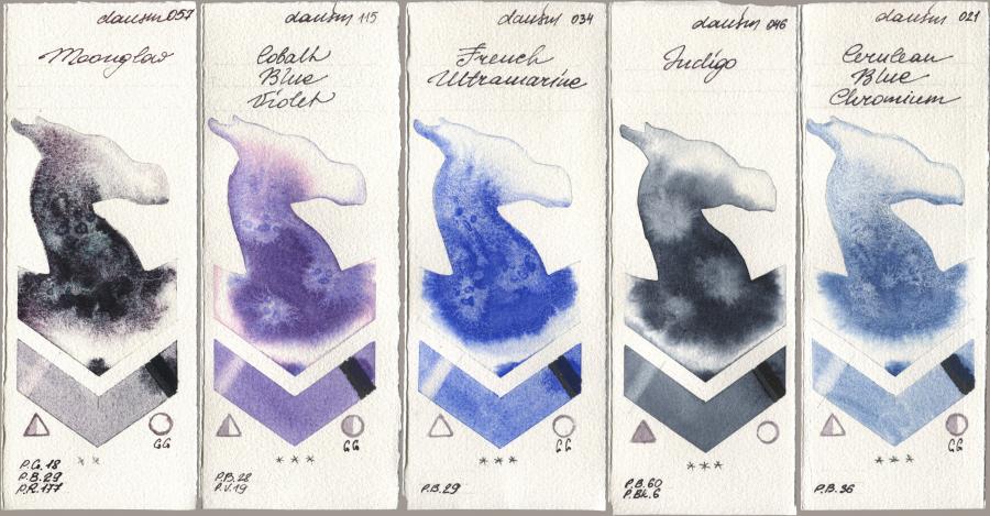 Daniel Smith 057 Moonglow, 115 Cobalt Blue Violet, 034 French Ultramarine, 046 Indigo, 021 Cerulean Blue Chromi watercolor swatch