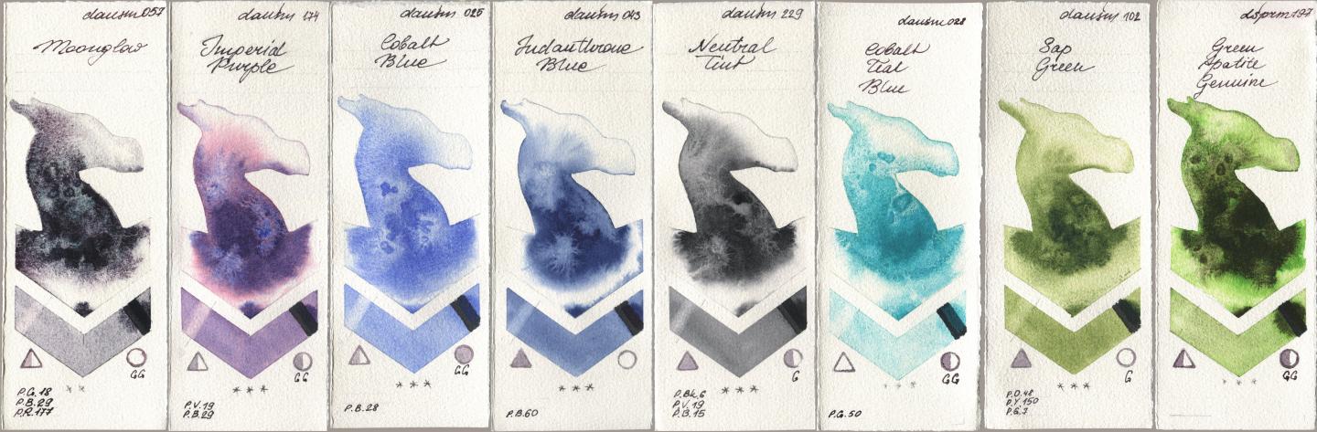Daniel Smith 057 Moonglow, 174 Imperial Purple, 025 Cobalt Blue, 043 Indanthrone Blue, 229 Neutral Tint, 028 Cobalt Teal Blue, 102 Sap Green, 197 Green Apatite Genui watercolor swatch