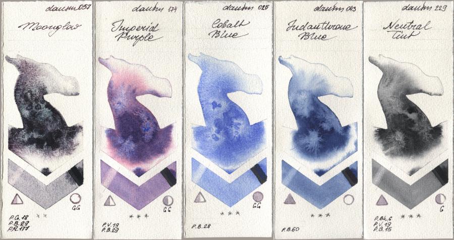 Daniel Smith 057 Moonglow, 174 Imperial Purple, 025 Cobalt Blue, 043 Indanthrone Blue, 229 Neutral Ti watercolor swatch