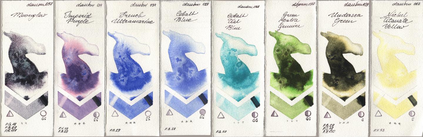 Daniel Smith 057 Moonglow, 174 Imperial Purple, 034 French Ultramarine, 025 Cobalt Blue, 028 Cobalt Teal Blue, 197 Green Apatite Genuine, 109 Undersea Green, 062 Nickel Titanate Yell watercolor swatch