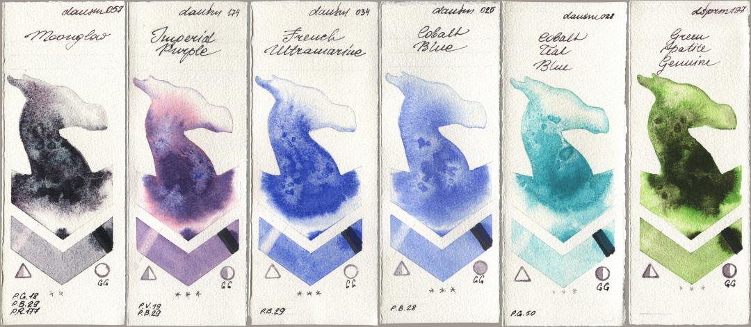 Daniel Smith 057 Moonglow, 174 Imperial Purple, 034 French Ultramarine, 025 Cobalt Blue, 028 Cobalt Teal Blue, 197 Green Apatite Genui watercolor swatch