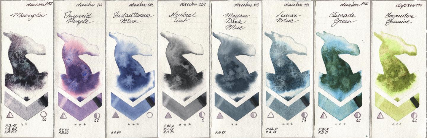 Daniel Smith 057 Moonglow, 174 Imperial Purple, 043 Indanthrone Blue, 229 Neutral Tint, 213 Mayan Dark Blue, 183 Lunar Blue, 142 Cascade Green, 190 Serpentine Genui watercolor swatch