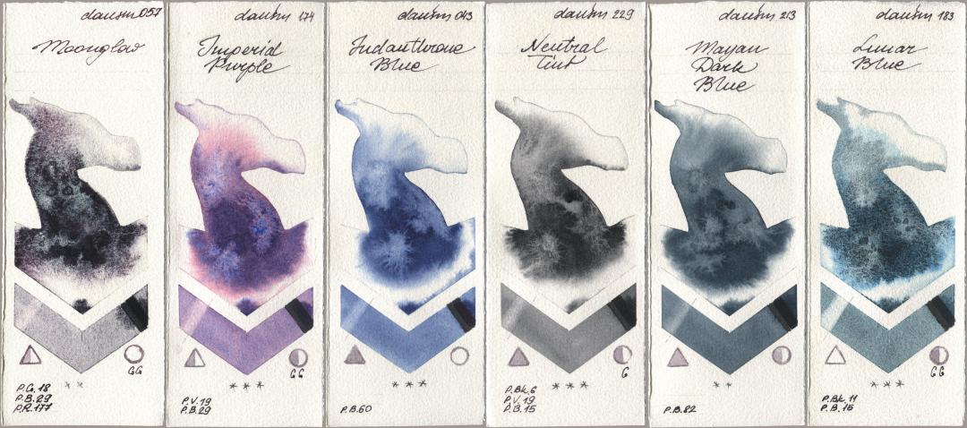 Daniel Smith 057 Moonglow, 174 Imperial Purple, 043 Indanthrone Blue, 229 Neutral Tint, 213 Mayan Dark Blue, 183 Lunar Bl watercolor swatch