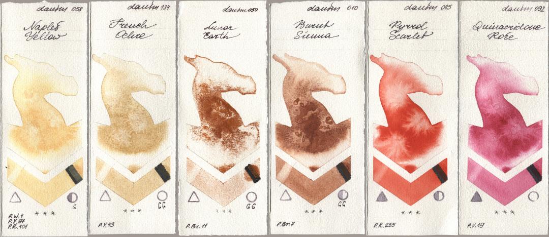 Daniel Smith 058 Naples Yellow, 134 French Ochre, 050 Lunar Earth, 010 Burnt Sienna, 085 Pyrrol Scarlet, 092 Quinacridone Ro watercolor swatch