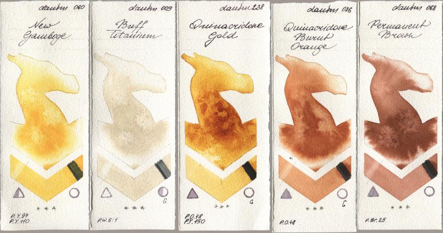 Daniel Smith 060 New Gamboge, 009 Buff Titanium, 238 Quinacridone Gold, 086 Quinacridone Burnt Orange, 068 Permanent Bro watercolor swatch