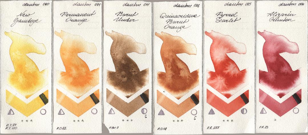 Daniel Smith 060 New Gamboge, 071 Permanent Orange, 011 Burnt Umber, 086 Quinacridone Burnt Orange, 085 Pyrrol Scarlet, 004 Alizarin Crims watercolor swatch