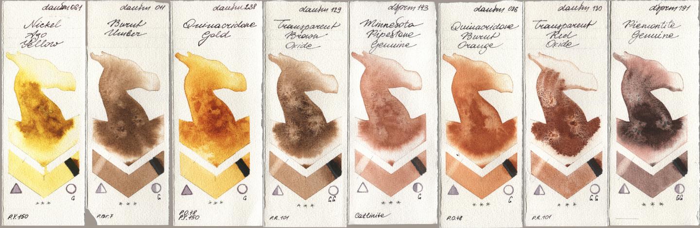 Daniel Smith 061 Nickel Azo Yellow, 011 Burnt Umber, 238 Quinacridone Gold, 129 Transparent Brown Oxide, 143 Minnesota Pipestone Genuine, 086 Quinacridone Burnt Orange, 130 Transparent Red Oxide, 191 Piemontite Genui watercolor swatch