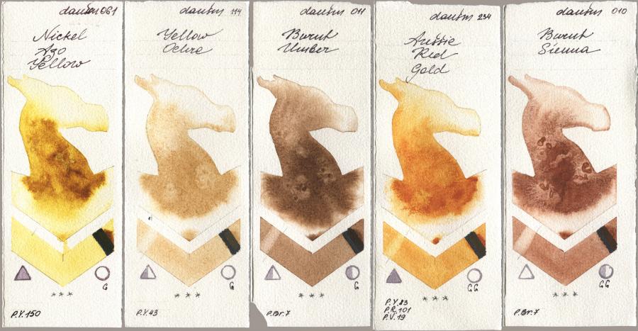 Daniel Smith 061 Nickel Azo Yellow, 114 Yellow Ochre, 011 Burnt Umber, 234 Aussie Red Gold, 010 Burnt Sien watercolor swatch