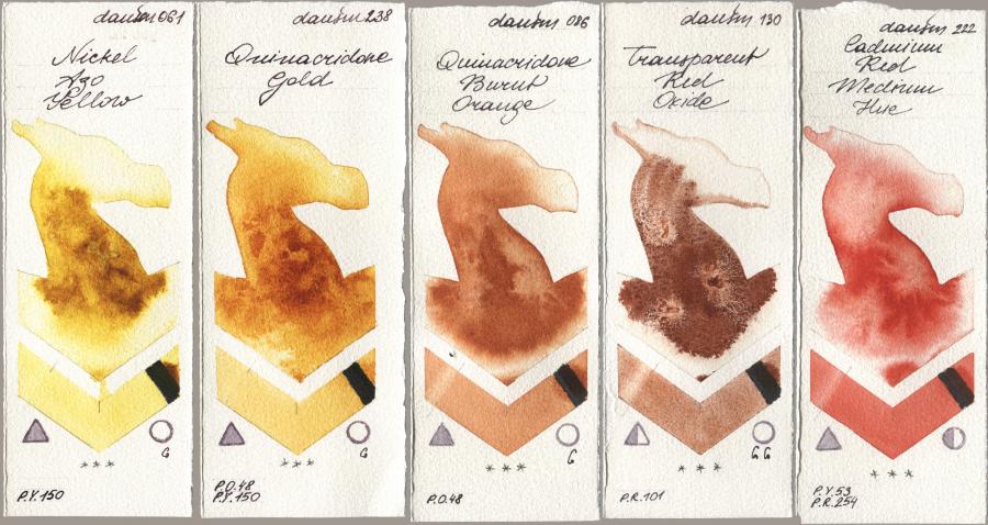 Daniel Smith 061 Nickel Azo Yellow, 238 Quinacridone Gold, 086 Quinacridone Burnt Orange, 130 Transparent Red Oxide, 222 Cadmium Red Medium H watercolor swatch