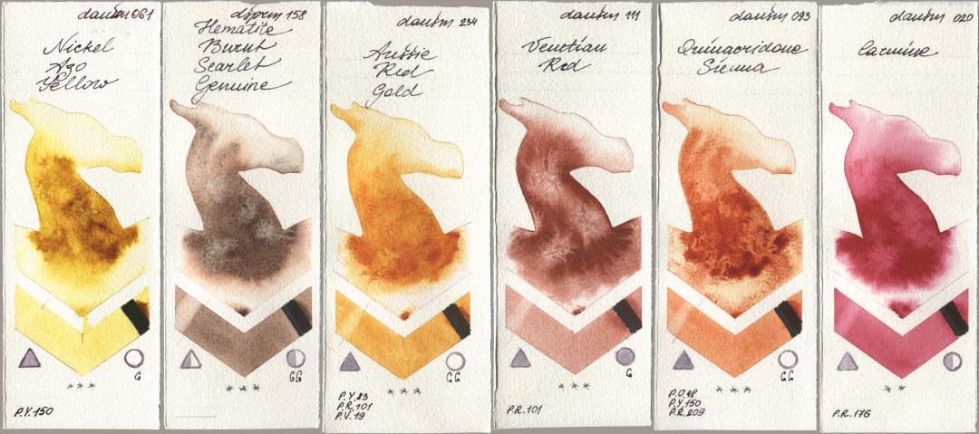 Daniel Smith 061 Nickel Azo Yellow, 158 Hematite Burnt Scarlet Genuine, 234 Aussie Red Gold, 111 Venetian Red, 093 Quinacridone Sienna, 020 Carmi watercolor swatch