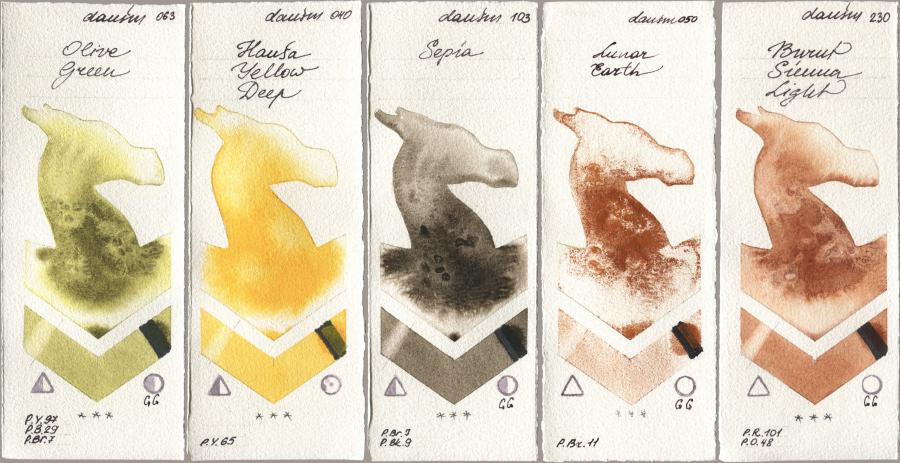 Daniel Smith 063 Olive Green, 040 Hansa Yellow Deep, 103 Sepia, 050 Lunar Earth, 230 Burnt Sienna Lig watercolor swatch