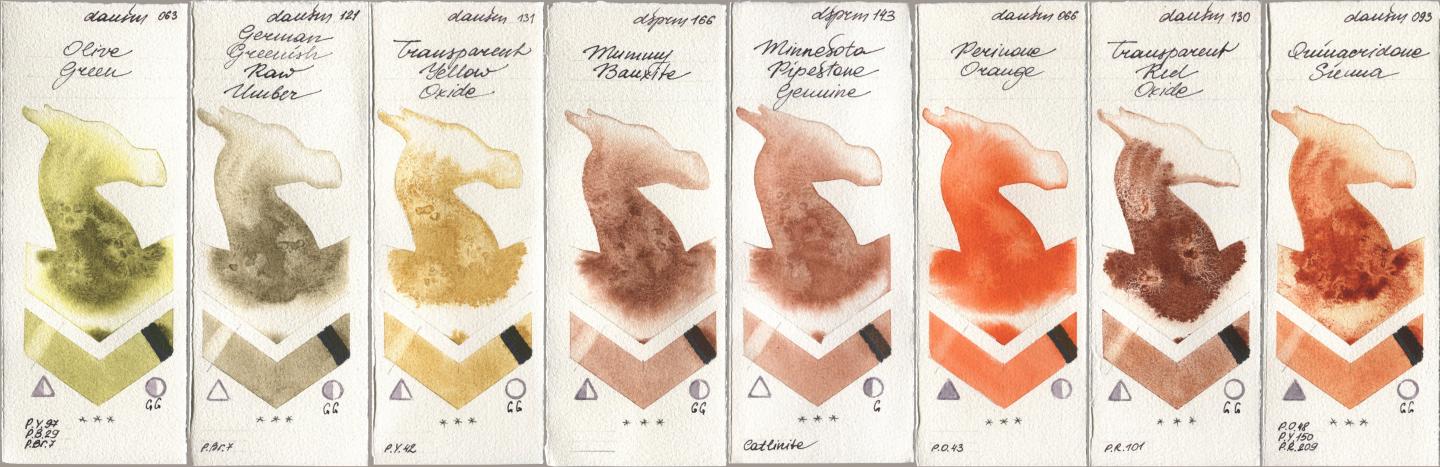 Daniel Smith 063 Olive Green, 121 German Greenish Raw Umber, 131 Transparent Yellow Oxide, 166 Mummy Bauxite, 143 Minnesota Pipestone Genuine, 066 Perinone Orange, 130 Transparent Red Oxide, 093 Quinacridone Sien watercolor swatch