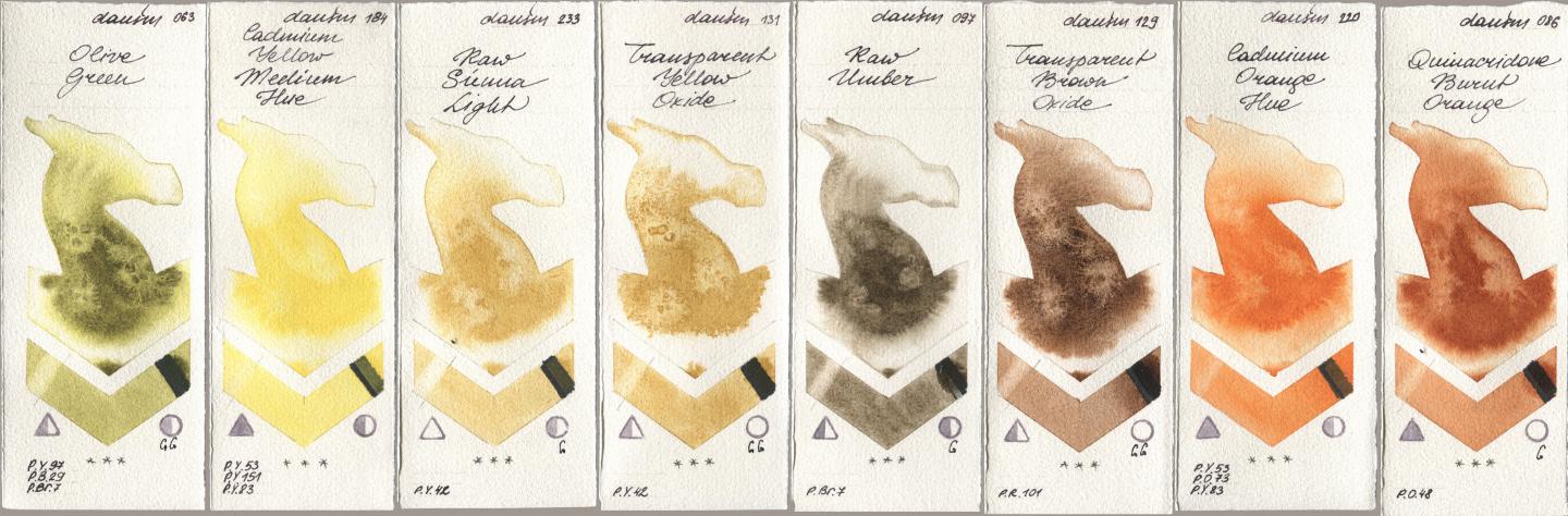 Daniel Smith 063 Olive Green, 184 Cadmium Yellow Medium Hue, 233 Raw Sienna Light, 131 Transparent Yellow Oxide, 097 Raw Umber, 129 Transparent Brown Oxide, 220 Cadmium Orange Hue, 086 Quinacridone Burnt Oran watercolor swatch