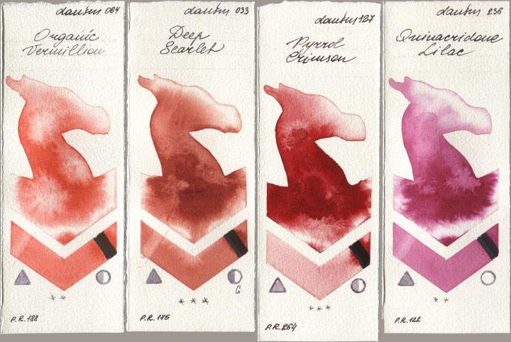 Daniel Smith 064 Organic Vermilion, 033 Deep Scarlet, 127 Pyrrol Crimson, 236 Quinacridone Lil watercolor swatch