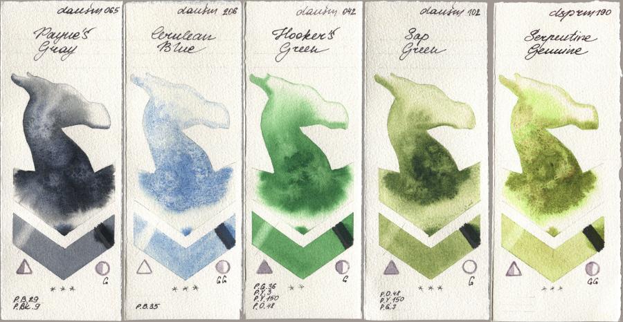 Daniel Smith 065 Paynes Gray, 206 Cerulean Blue, 042 Hookers Green, 102 Sap Green, 190 Serpentine Genui watercolor swatch