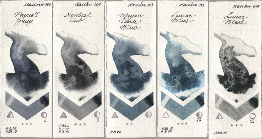 Daniel Smith 065 Paynes Gray, 229 Neutral Tint, 213 Mayan Dark Blue, 183 Lunar Blue, 049 Lunar Bla watercolor swatch