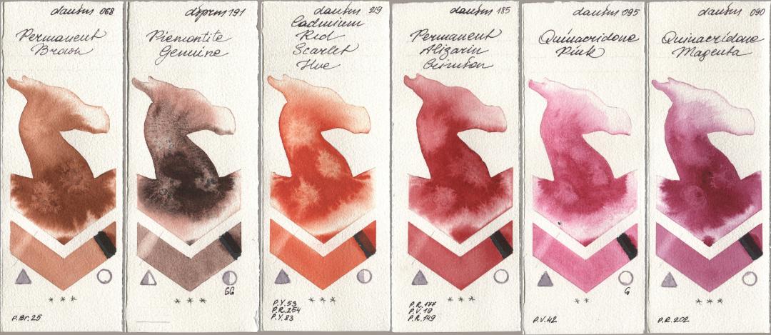 Daniel Smith 068 Permanent Brown, 191 Piemontite Genuine, 219 Cadmium Red Scarlet Hue, 185 Permanent Alizarin Crimson, 095 Quinacridone Pink, 090 Quinacridone Magen watercolor swatch